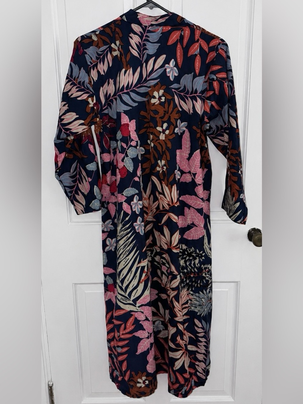Floral Tropical Tunic Dress Beach Cover Up Navy Pink Long Sleeve Medium - Picture 3 of 6